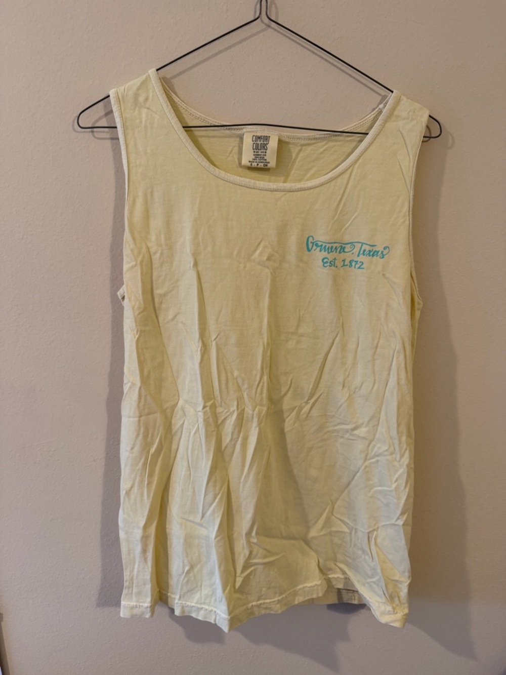 Comfort Colors Pale Yellow Tank Top with Teal Script